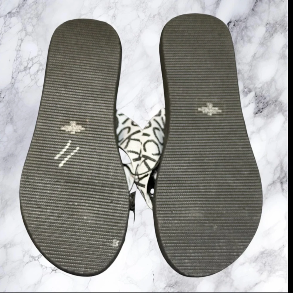 Calvin Klein‎ Logo Flip Flops Size 6 Black White CK Monogram Sandals New